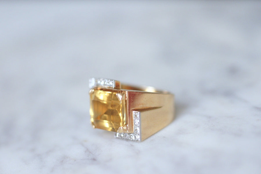 Tank citrine & diamonds on pink gold ring - Galerie Pénélope
