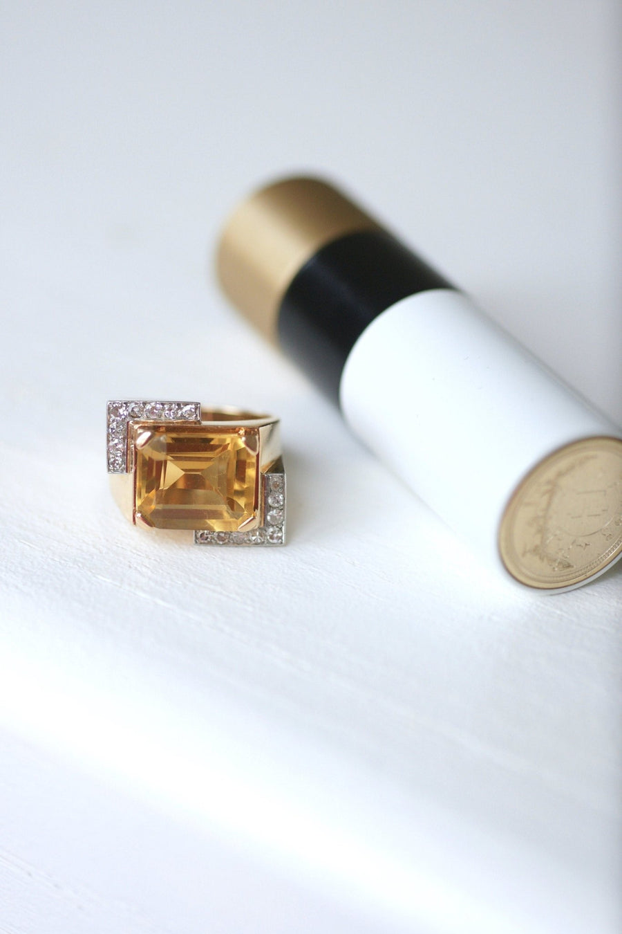 Tank citrine & diamonds on pink gold ring - Galerie Pénélope