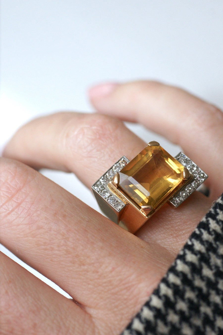 Tank citrine & diamonds on pink gold ring - Galerie Pénélope