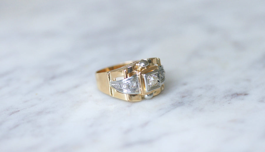 Gold and platinum diamond tank ring - Galerie Pénélope