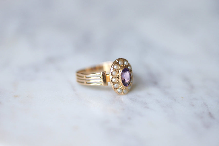 Amethyst and fine pearls Victorian ring in 18Kt pink gold - Galerie Pénélope