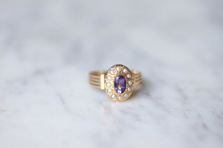 Amethyst and fine pearls Victorian ring in 18Kt pink gold - Galerie Pénélope