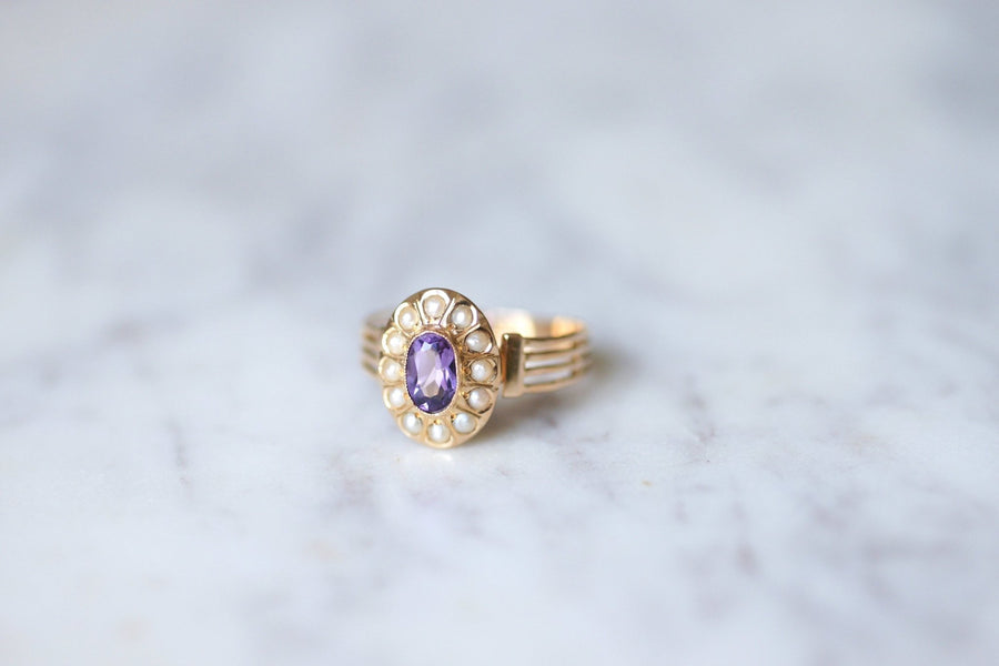 Amethyst and fine pearls Victorian ring in 18Kt pink gold - Galerie Pénélope