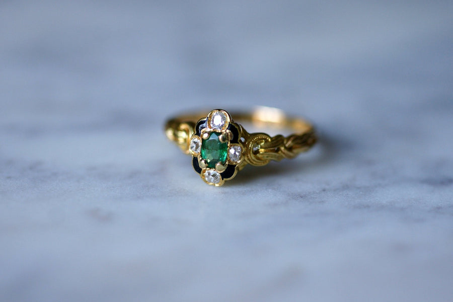 Antique Victorian gold, emerald and diamond enameled ring - Galerie Pénélope