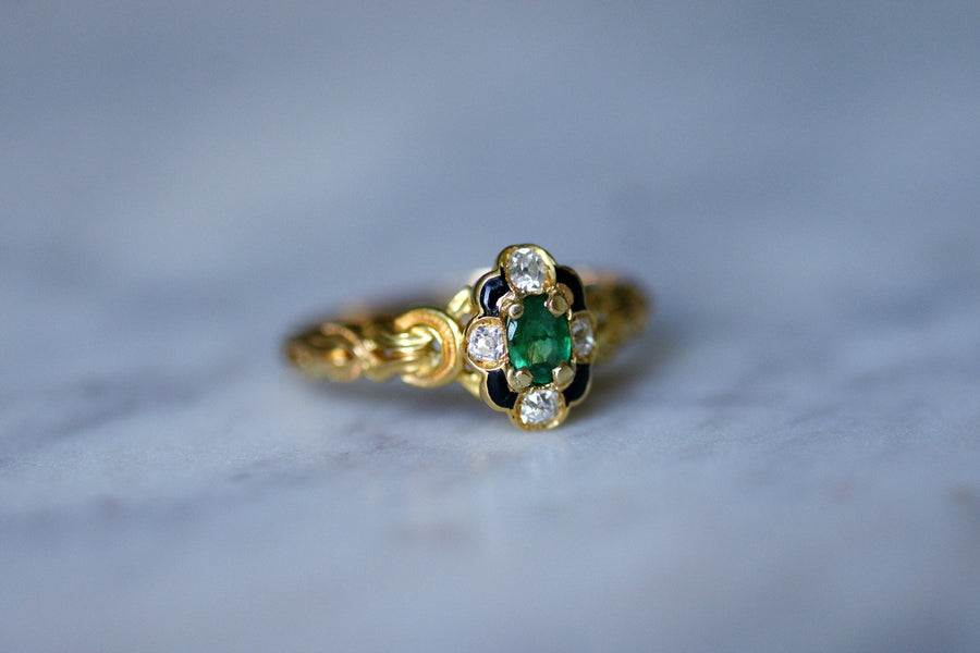 Antique Victorian gold, emerald and diamond enameled ring - Galerie Pénélope
