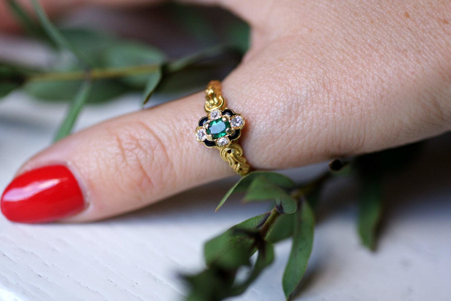 Antique Victorian gold, emerald and diamond enameled ring - Galerie Pénélope