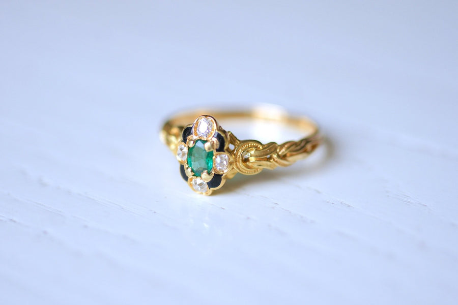 Antique Victorian gold, emerald and diamond enameled ring - Galerie Pénélope