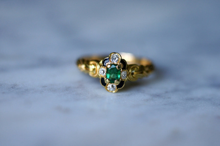 Antique Victorian gold, emerald and diamond enameled ring - Galerie Pénélope