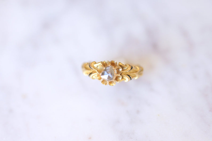 Enamelled Victorian ring in gold and crowned rose cut diamond - Galerie Pénélope