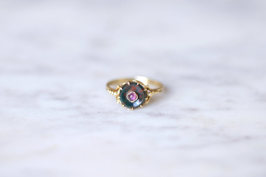 18Kt yellow gold Victorian garnet and blood jasper ring - Galerie Pénélope