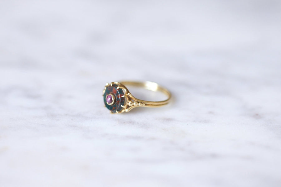 18Kt yellow gold Victorian garnet and blood jasper ring - Galerie Pénélope