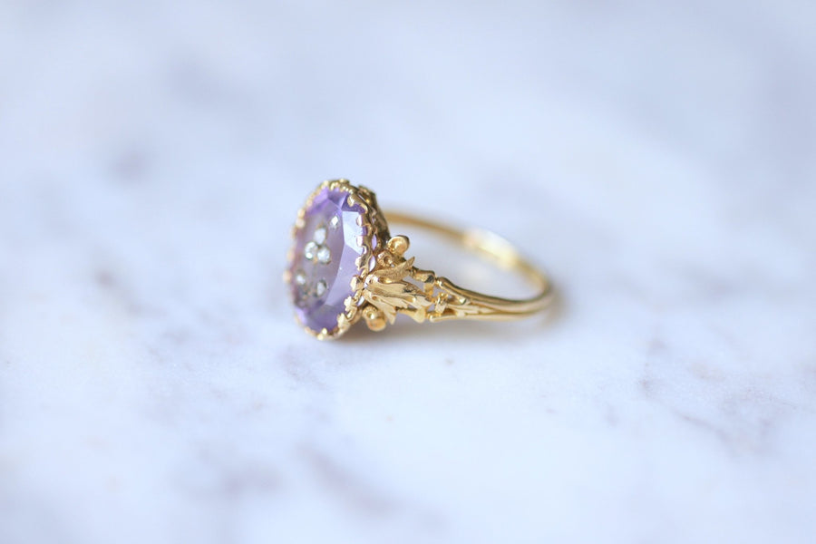 Diamond and amethyst flower intaglio Victorian ring on gold - Galerie Pénélope