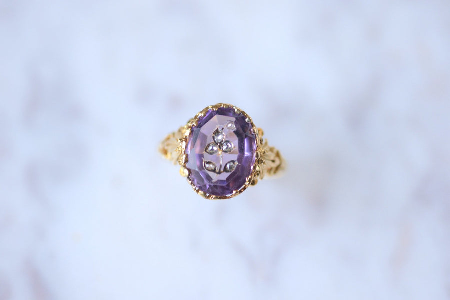 Diamond and amethyst flower intaglio Victorian ring on gold - Galerie Pénélope