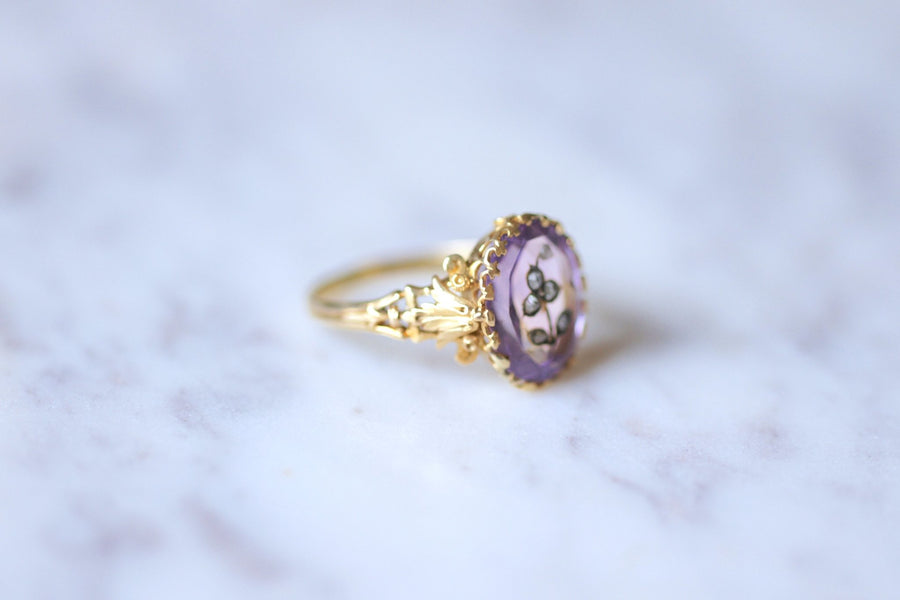 Diamond and amethyst flower intaglio Victorian ring on gold - Galerie Pénélope