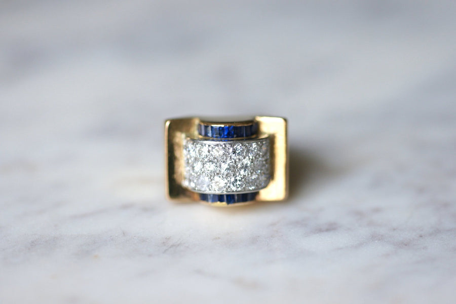 Vintage Art Deco pink gold and platinum Tank ring set with diamonds and sapphires - Galerie Pénélope