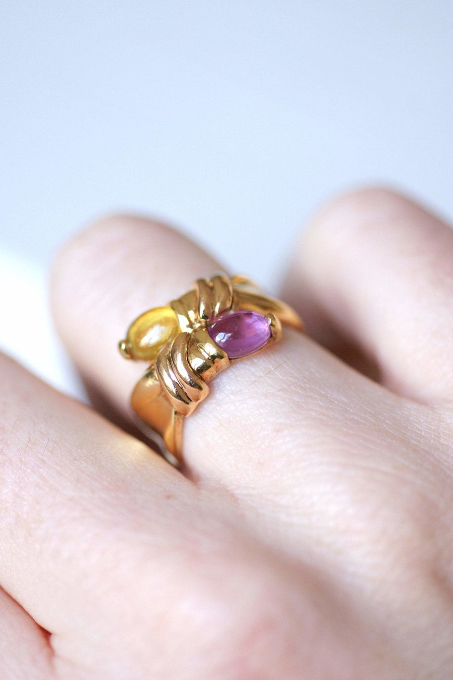 Vintage ring Toi et Moi, pink tourmaline and citrine, on yellow gold - Galerie Pénélope