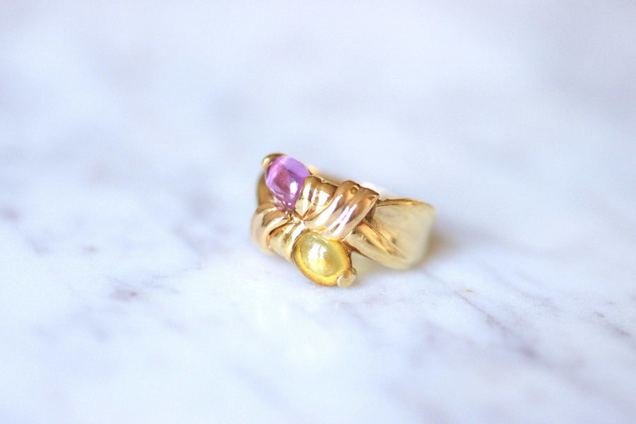 Vintage ring Toi et Moi, pink tourmaline and citrine, on yellow gold - Galerie Pénélope