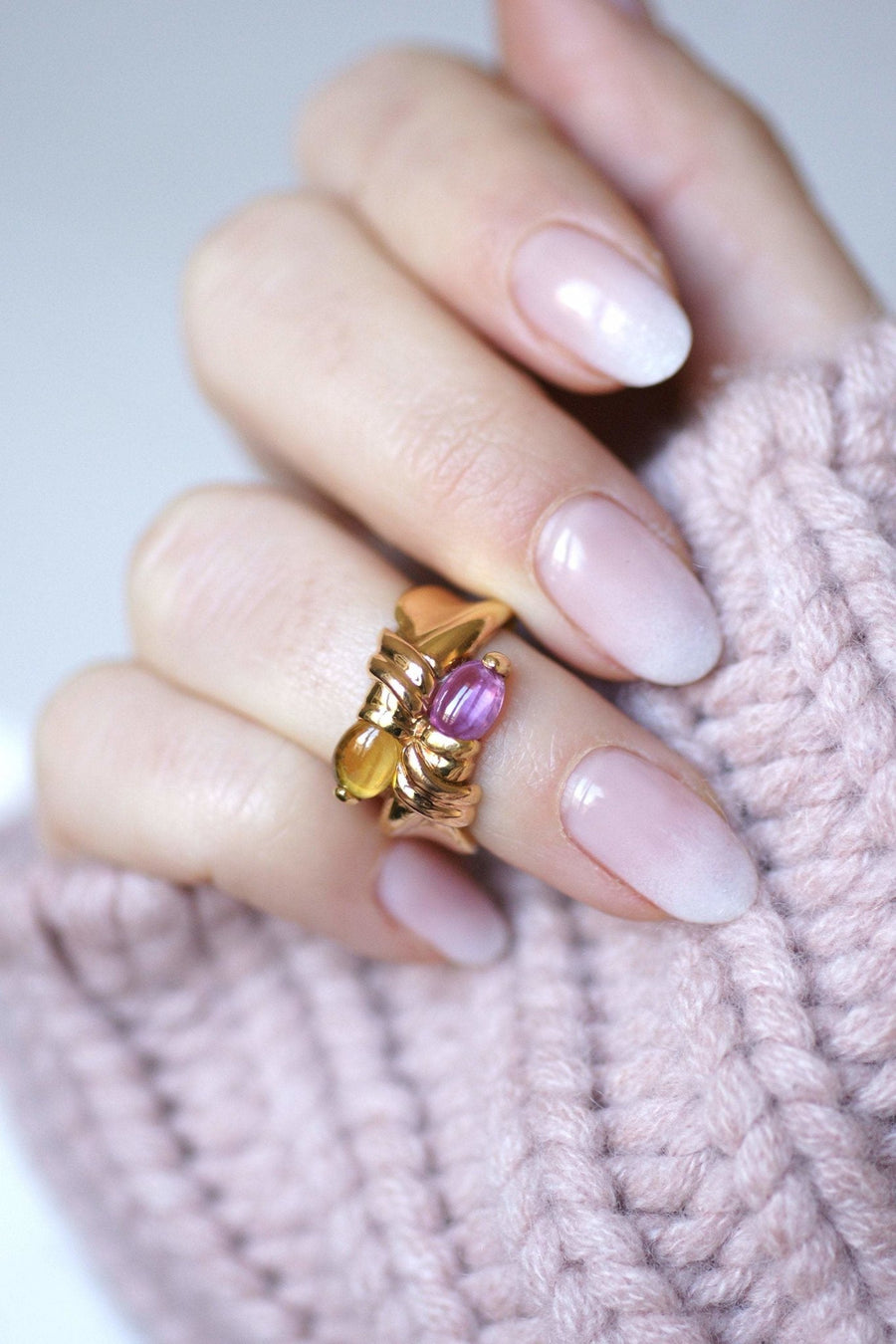 Vintage ring Toi et Moi, pink tourmaline and citrine, on yellow gold - Galerie Pénélope