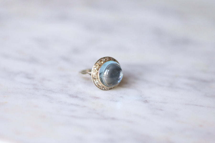 Vintage blue topaz and diamonds on gold and silver ring - Galerie Pénélope