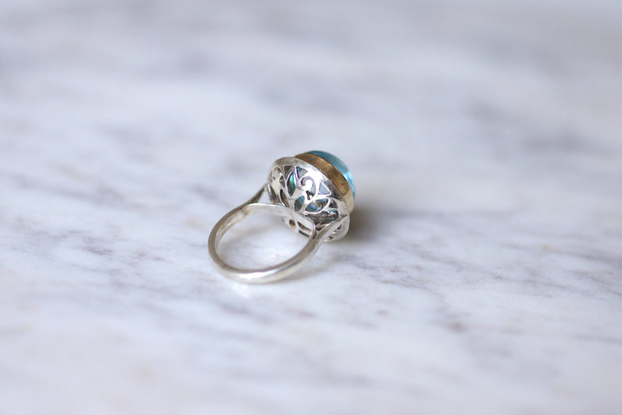 Vintage blue topaz and diamonds on gold and silver ring - Galerie Pénélope