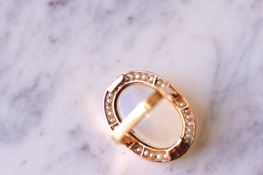 Antique pink gold, blue-grey chalcedony and pearls ring - Galerie Pénélope