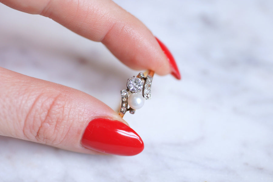 Belle Epoque pearl and diamonds ring on gold, Circa 1900 - Galerie Pénélope