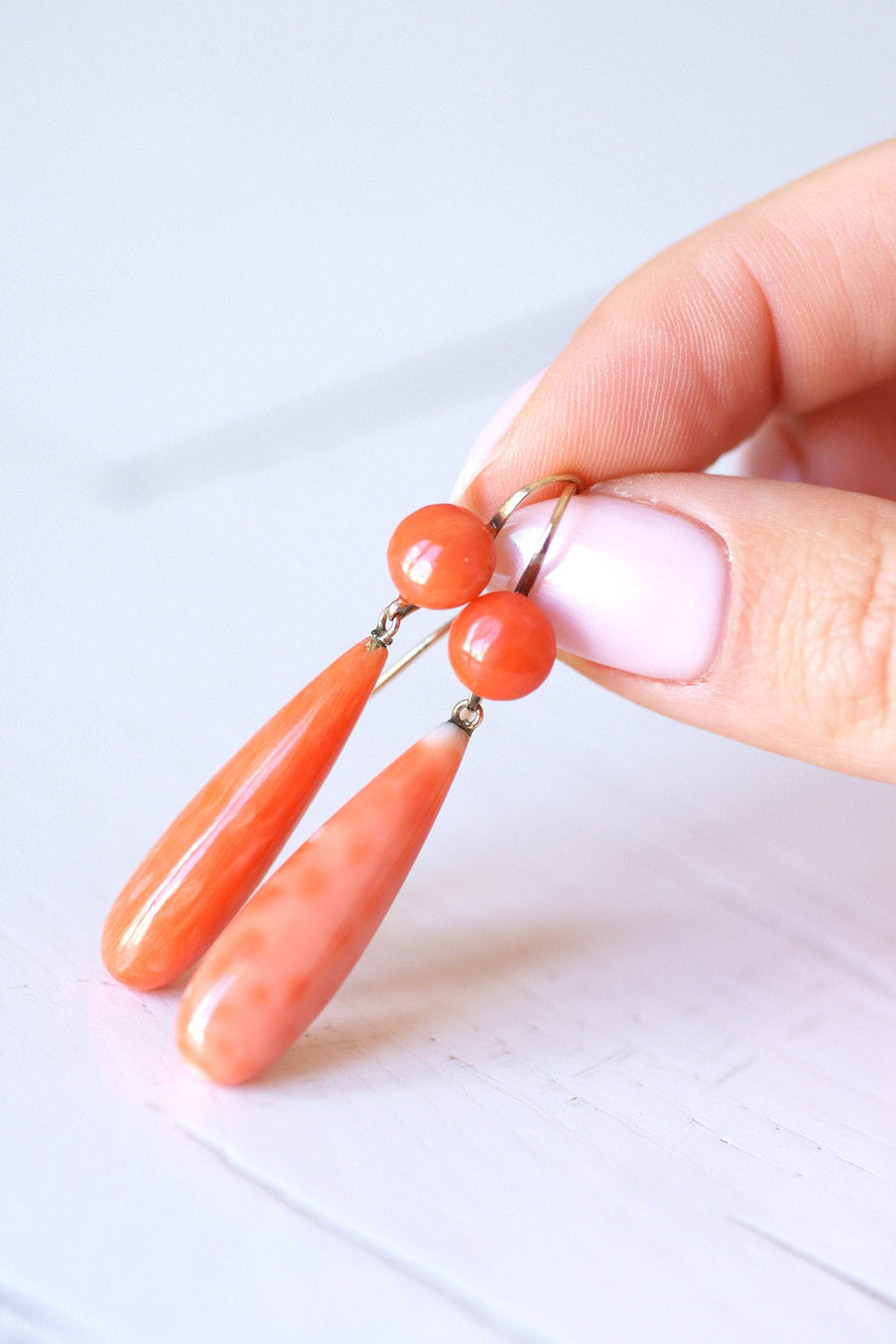Antique gold and coral drop dangling earrings - Galerie Pénélope