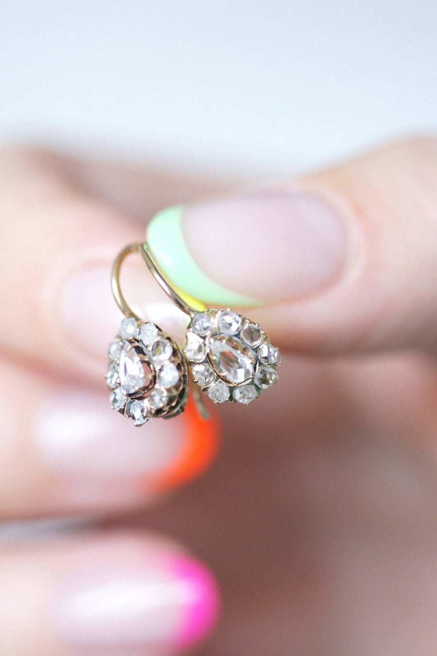 Antique earrings sleepy drops 14Kt pink gold and pink cut diamonds - Galerie Pénélope