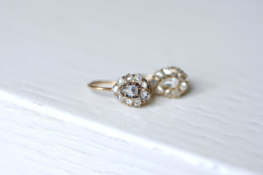 Antique earrings sleepy drops 14Kt pink gold and pink cut diamonds - Galerie Pénélope