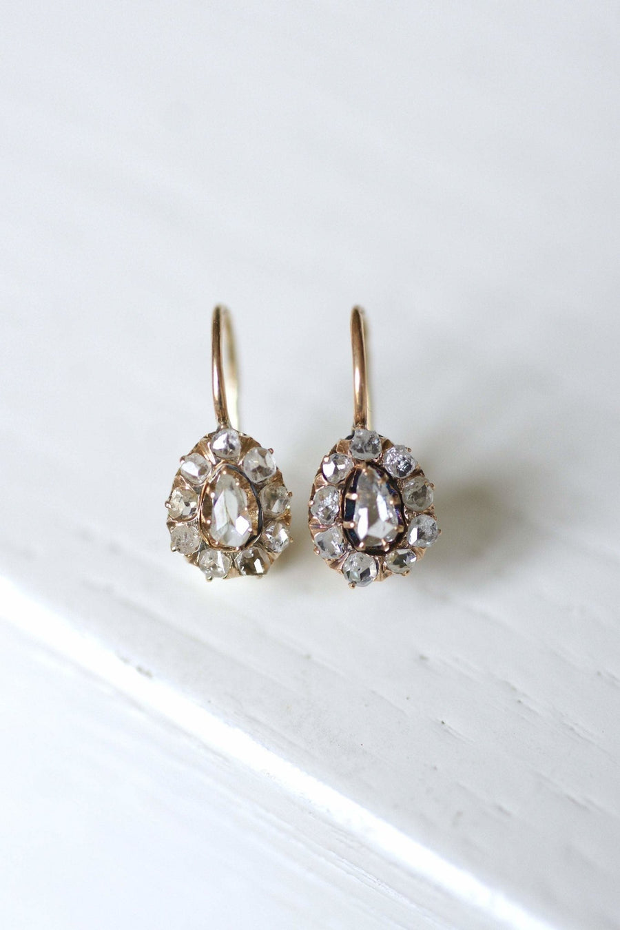Antique earrings sleepy drops 14Kt pink gold and pink cut diamonds - Galerie Pénélope