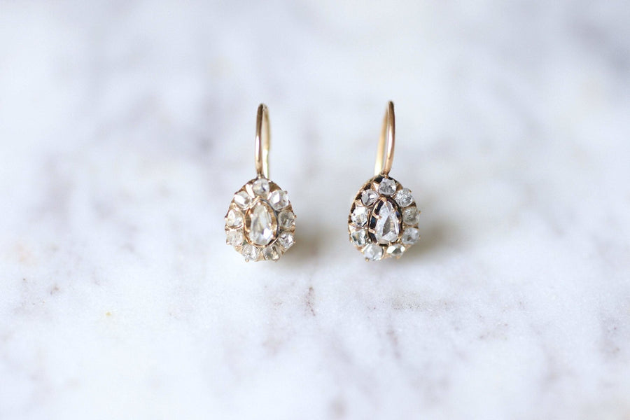 Antique earrings sleepy drops 14Kt pink gold and pink cut diamonds - Galerie Pénélope