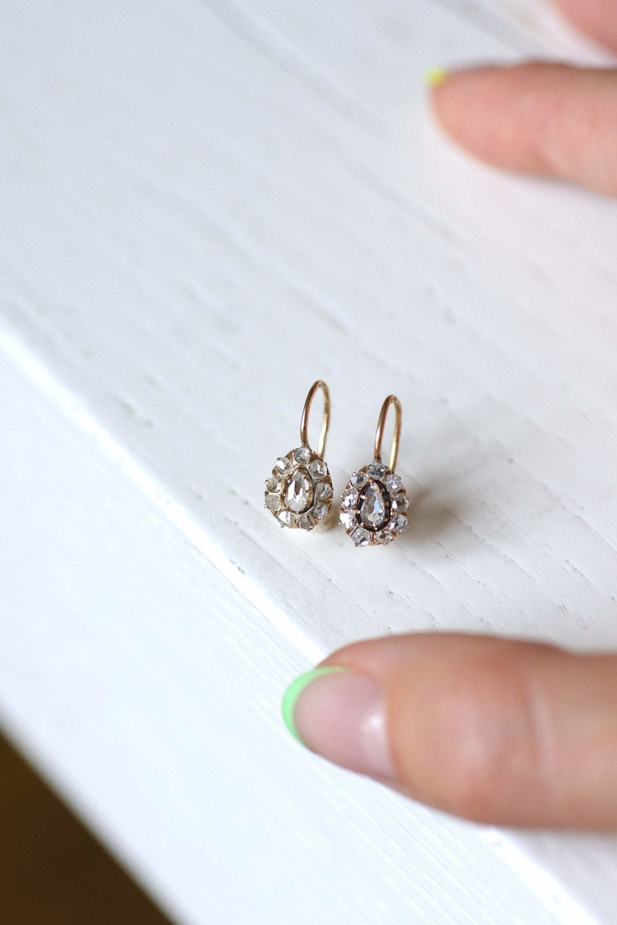 Antique earrings sleepy drops 14Kt pink gold and pink cut diamonds - Galerie Pénélope