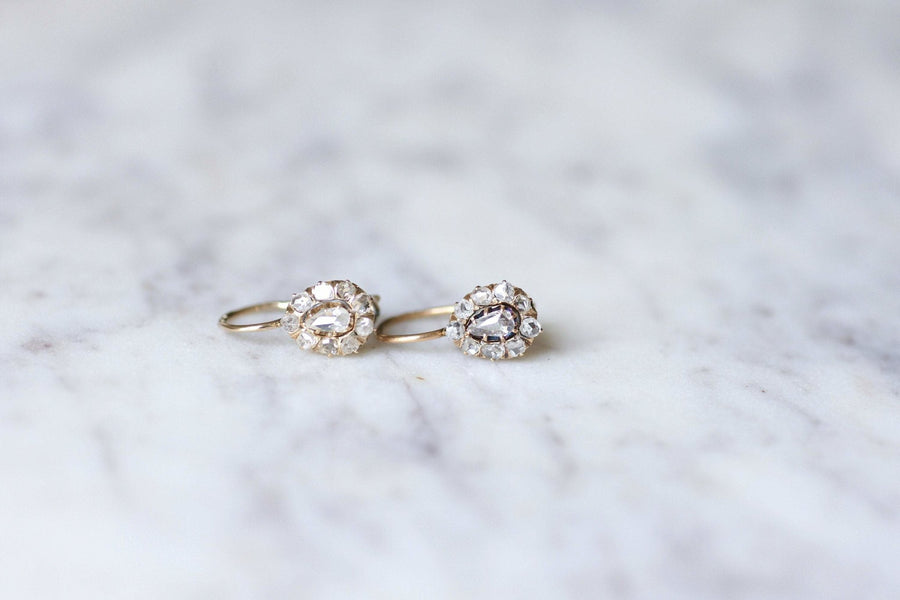 Antique earrings sleepy drops 14Kt pink gold and pink cut diamonds - Galerie Pénélope