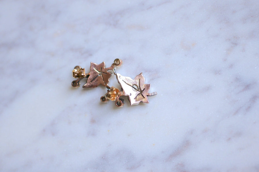 Antique ivy leaf earrings in gold, silver and diamonds - Galerie Pénélope