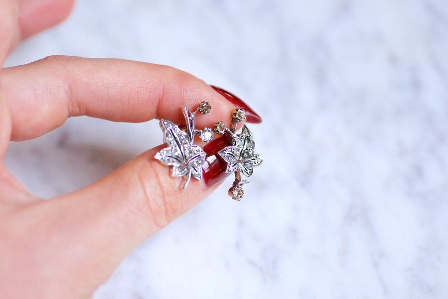 Antique ivy leaf earrings in gold, silver and diamonds - Galerie Pénélope