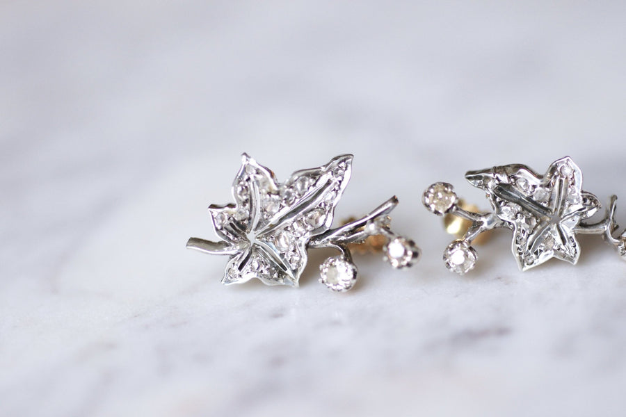 Antique ivy leaf earrings in gold, silver and diamonds - Galerie Pénélope