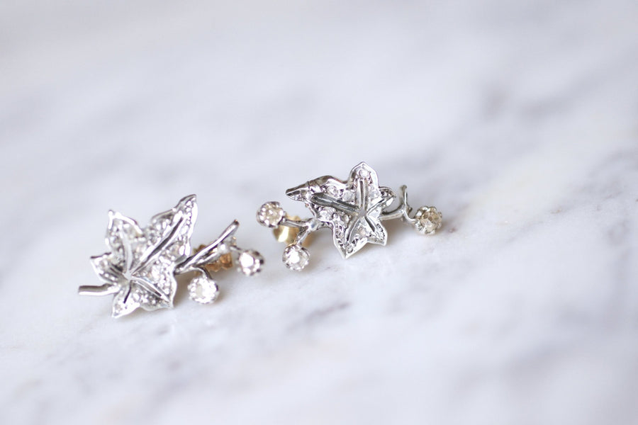 Antique ivy leaf earrings in gold, silver and diamonds - Galerie Pénélope
