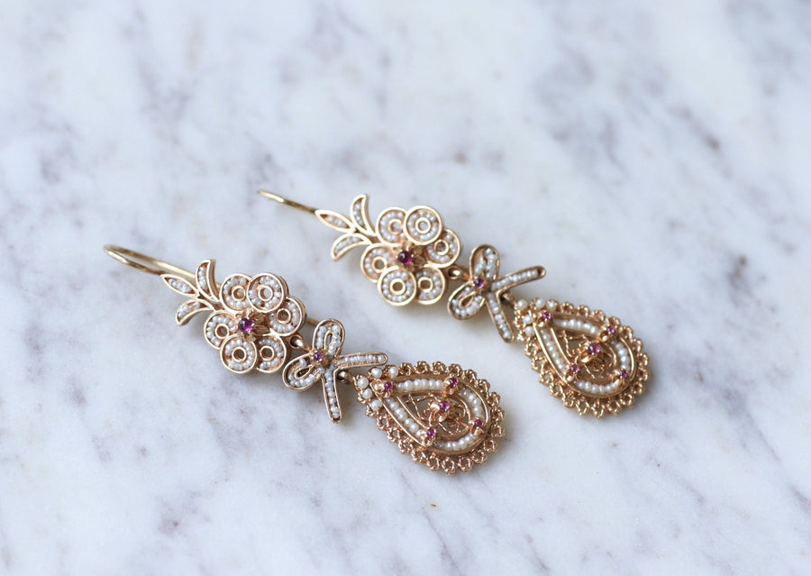 Antique earrings, pearls, rubies on pink gold filigree - Galerie Pénélope