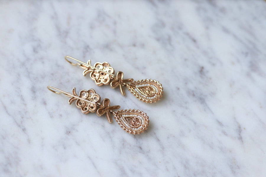 Antique earrings, pearls, rubies on pink gold filigree - Galerie Pénélope