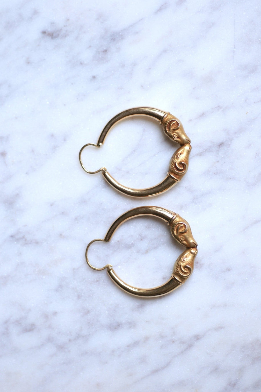 Creole earrings ram's head in yellow gold, 70's - Galerie Pénélope
