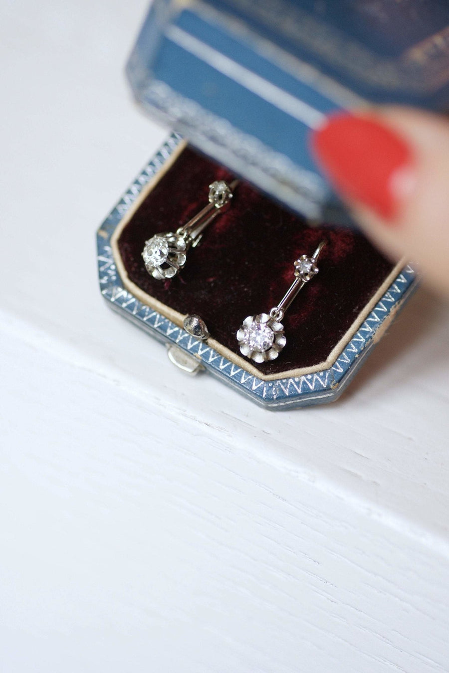 Antique white gold and diamond sleeper earrings - Penelope Gallery