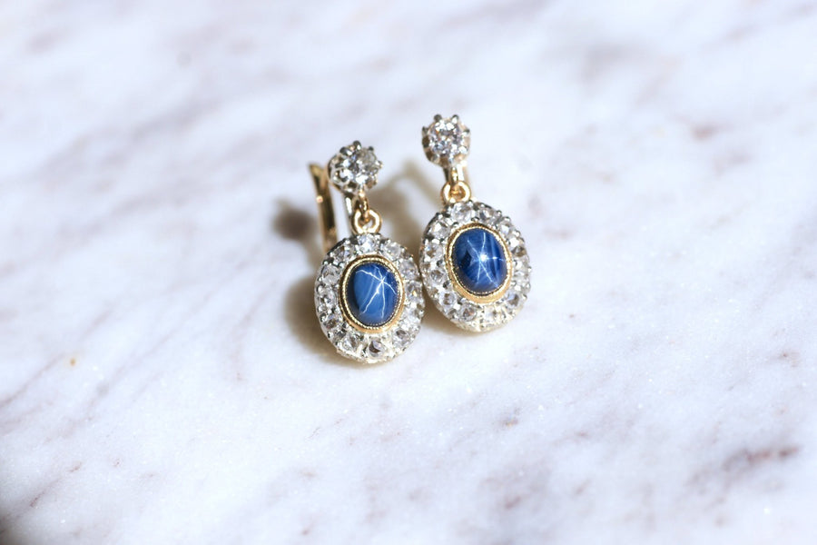 Antique gold, platinum, diamonds and star sapphires sleeper earrings - Galerie Pénélope