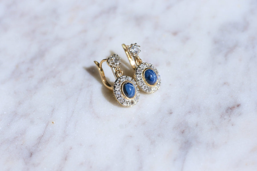 Antique gold, platinum, diamonds and star sapphires sleeper earrings - Galerie Pénélope