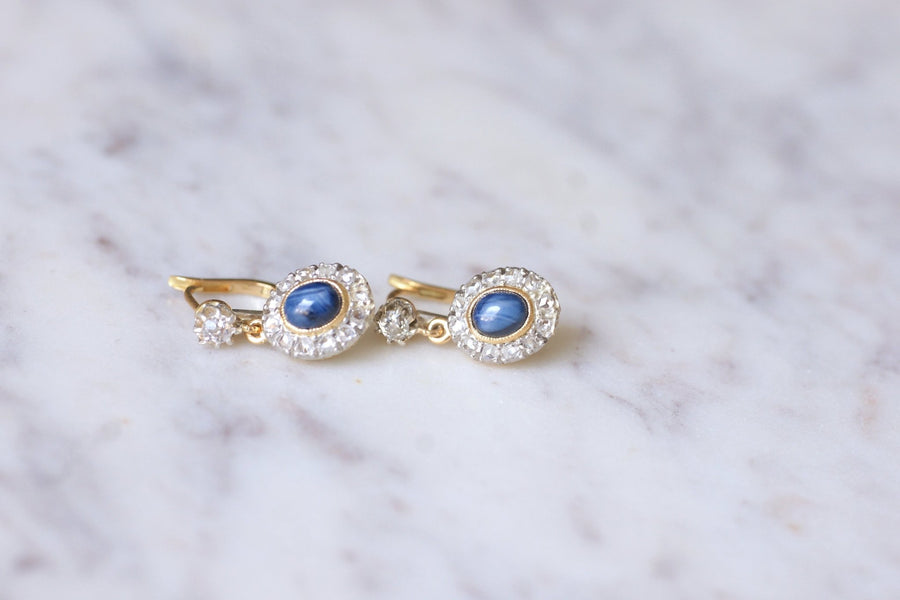 Antique gold, platinum, diamonds and star sapphires sleeper earrings - Galerie Pénélope