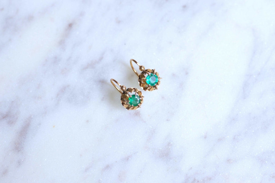 Antique pink gold and emeralds sleeper earrings - Galerie Pénélope