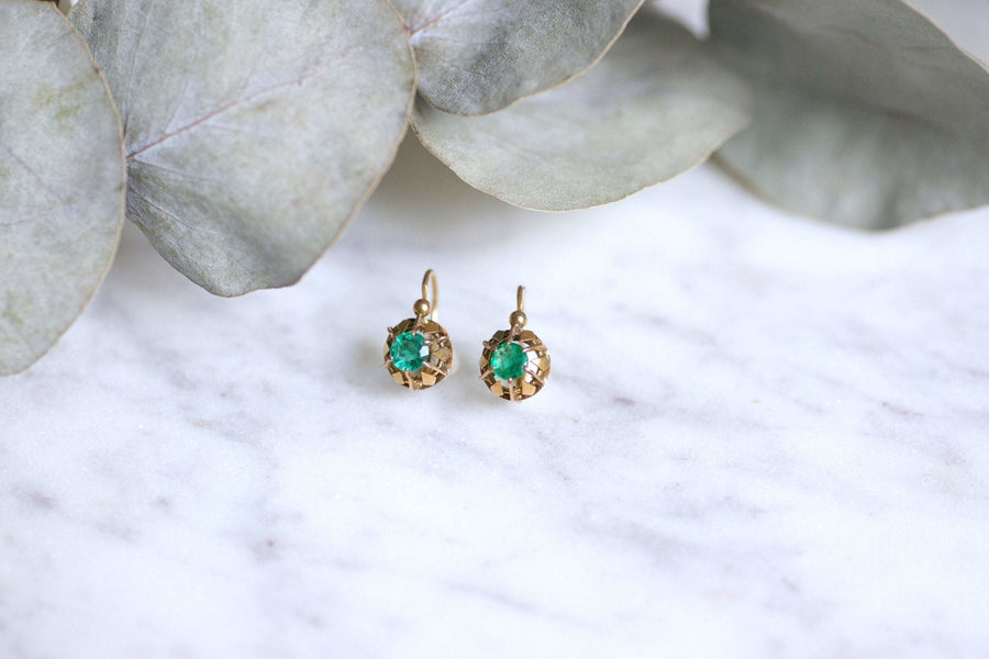 Antique pink gold and emeralds sleeper earrings - Galerie Pénélope