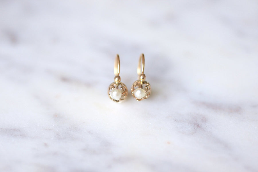 Antique pink gold and pearl earrings - Galerie Pénélope