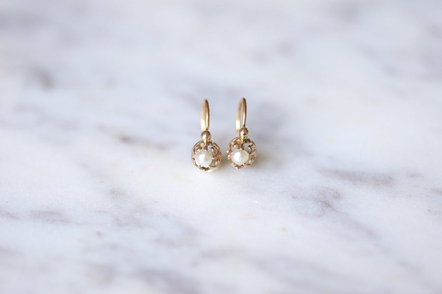 Antique pink gold and pearl earrings - Galerie Pénélope