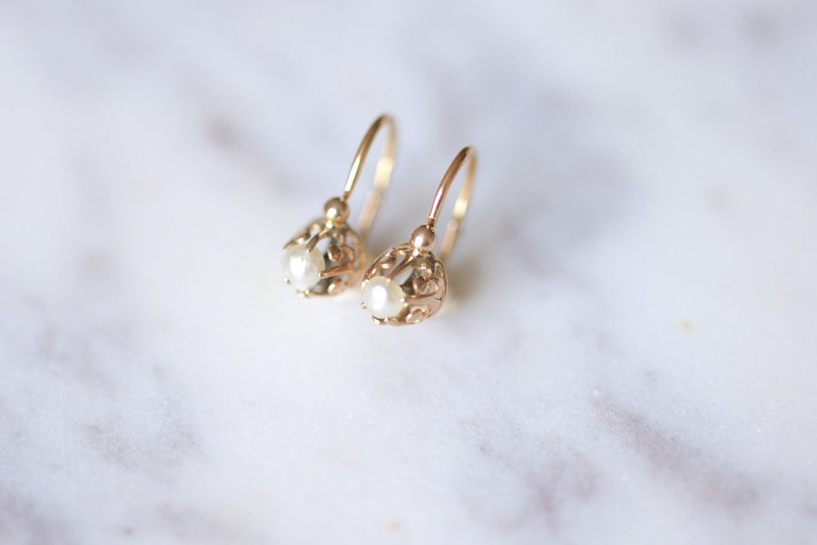 Antique pink gold and pearl earrings - Galerie Pénélope