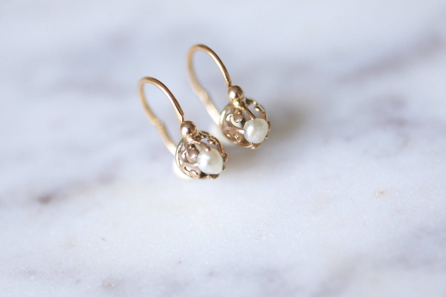 Antique pink gold and pearl earrings - Galerie Pénélope
